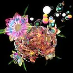 a digital painting of a flower and bubbles